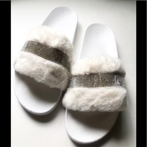 Furry white crystal slides brand new Size 11